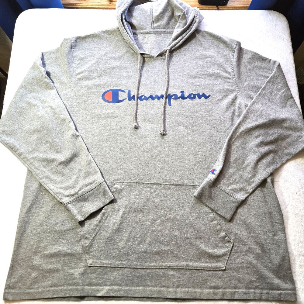 Champion Mens XXL Gray Hooded Sweatshirt Hoodie Pouch Pocket Long Sleeve Logo
